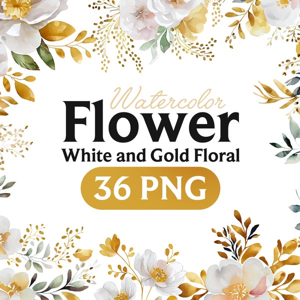 Flowers, White and Gold Floral Clipart, Floral Watercolor Clipart, Watercolor, Wedding Clipart, Floral Sublime Clipart,PNG.