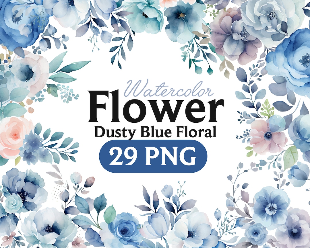 Dusty Blue Watercolor Floral Clipart: 29 PNG Roses (digital Download ...