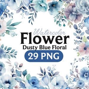 Dusty Blue Floral Clipart, Watercolor Floral Clipart, Roses, Floral Clipart, Dusty Blue, Blue, Premade Clipart, Wedding Clipart.