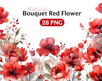 Fleurs rouges PNG, aquarelle Floral Clipart Bundle comprend des Bouquets