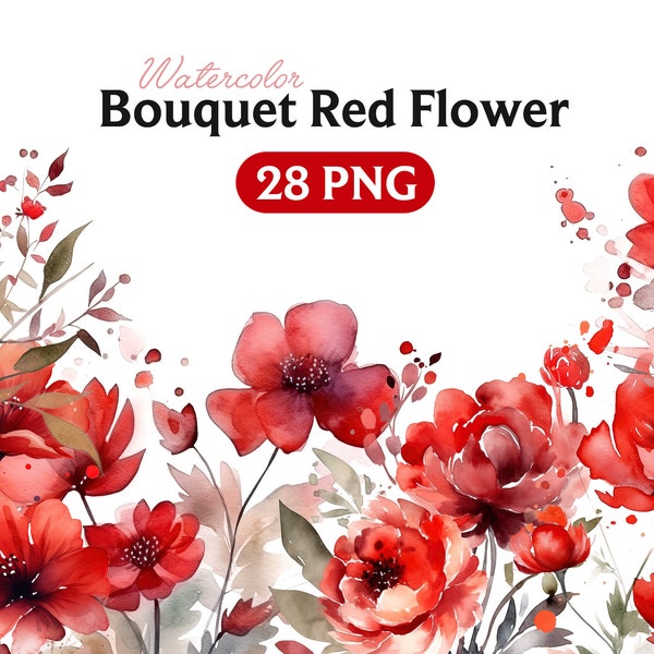Red Flowers PNG, Watercolor Floral Clipart Bundle Includes Bouquets