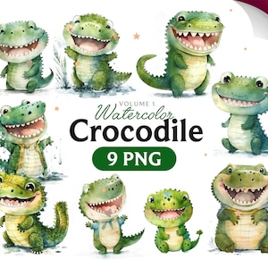 Watercolor Cute Crocodile, Crocodile clipart, Crocodile PNG, Crocodile art, Crocodile, digital Crocodile, Animal, Volume 1.