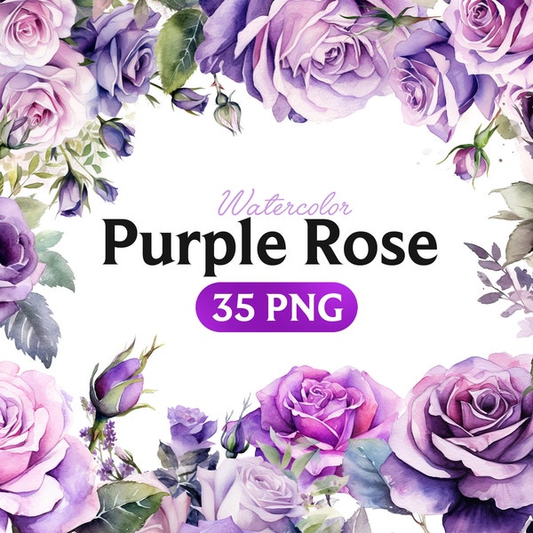 Purple Floral Clipart, Purple Rose Watercolor Flowers, Commercial Use, Transparent PNGs, Wedding Invitation Florals Bouquets & Pose