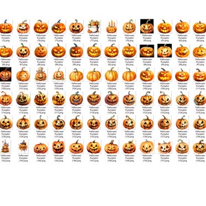 Pu&ograve; includere: Una collezione di 60 illustrazioni ad acquerello di zucche di jack-o'-lantern con diverse espressioni facciali. Le zucche sono arancioni con steli verdi e sono disposte in una griglia.