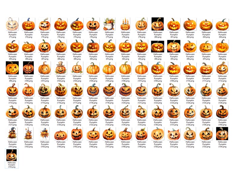 Pu&ograve; includere: Una collezione di 60 illustrazioni ad acquerello di zucche di jack-o'-lantern con diverse espressioni facciali. Le zucche sono arancioni con steli verdi e sono disposte in una griglia.