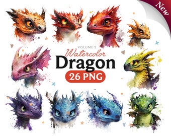 Watercolor Dragon Clipart, Dragon Art (26 PNG, Digital Download
