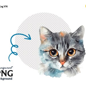 Pode incluir: Pintura em aquarela de um gato tigrado cinza e branco com olhos laranja. O gato est&aacute; olhando diretamente para o espectador com uma express&atilde;o s&eacute;ria.