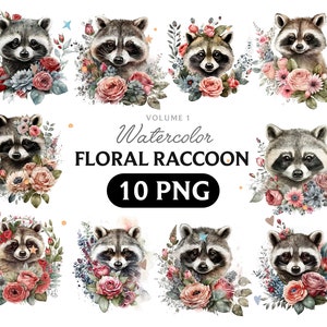 Floral Raccoon, Watercolor Raccoon Floral, Raccoon clipart, Raccoon animal, flower, Raccoon art, digital, animal