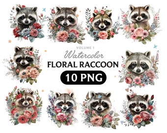 Watercolor Floral Raccoon Clipart: 10 PNG Digital Art