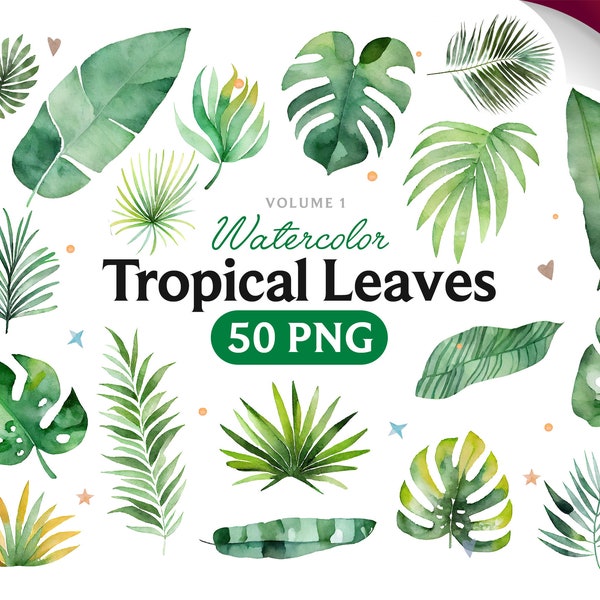 Watercolor tropical leaves clipart, Monstera leaves clipart, Tropical greens, Summer clipart, instant download, PNG.