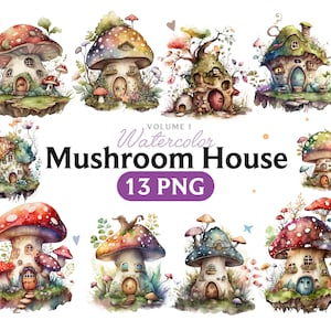Casa de cogumelo em aquarela png, clipart de casa de cogumelo ilustrado, casa de cogumelo mágico png, clipart em aquarela, uso comercial, fantasia