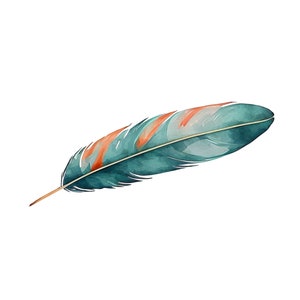 K&ouml;nnte beinhalten: Eine einzelne teal- und orangefarbene Feder mit einem hellbraunen Stiel. Die Feder hat einen Aquarelleffekt und ist auf wei&szlig;em Hintergrund isoliert.