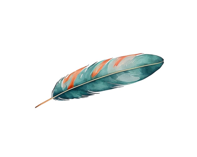 K&ouml;nnte beinhalten: Eine einzelne teal- und orangefarbene Feder mit einem hellbraunen Stiel. Die Feder hat einen Aquarelleffekt und ist auf wei&szlig;em Hintergrund isoliert.