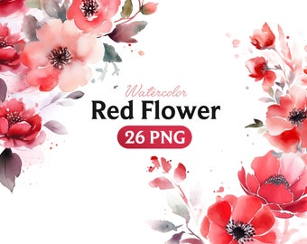 Clipart fleur rouge aquarelle : 26 illustrations florales PNG (téléchargement numérique)