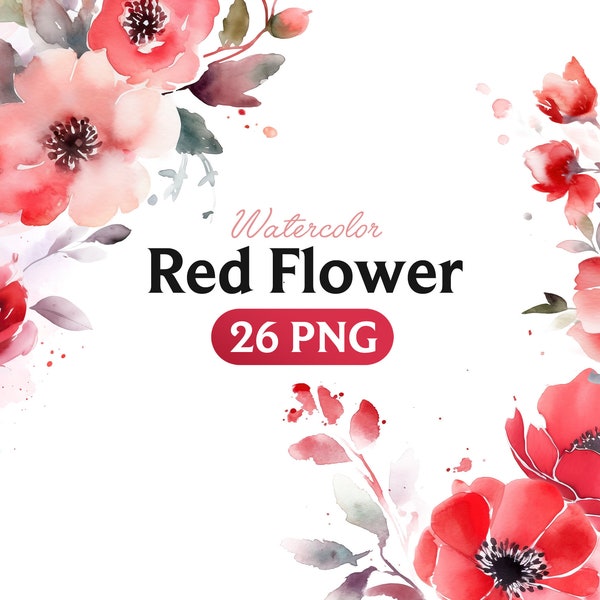 PNG di fiori rossi dell'acquerello, clipart di fiori dell'acquerello, illustrazioni di bundle di fiori rossi, download istantaneo, Png digitale