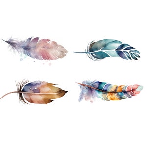 May include: Four watercolor painted feathers in various colors, including blue, purple, pink, orange, and brown. The feathers are arranged in a square pattern on a white background.