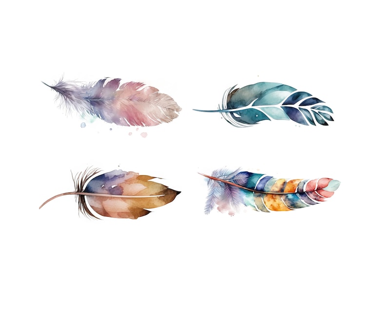May include: Four watercolor painted feathers in various colors, including blue, purple, pink, orange, and brown. The feathers are arranged in a square pattern on a white background.