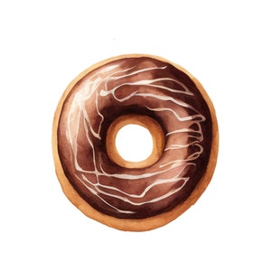 May include: A chocolate glazed donut with white icing drizzled on top.