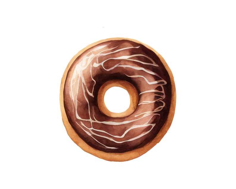 May include: A chocolate glazed donut with white icing drizzled on top.
