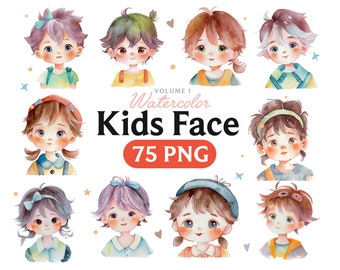 Watercolor Kids Face Clipart, PNG Graphics (Digital Download)