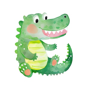 May include: A watercolor illustration of a green crocodile with a toothy grin, yellow stripes, and pink feet. The crocodile is sitting on its tail and has a friendly expression.