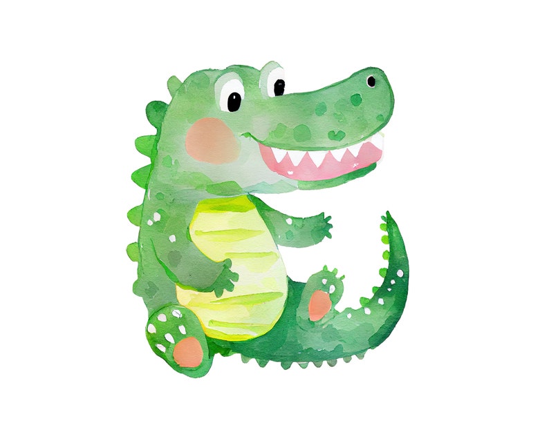 May include: A watercolor illustration of a green crocodile with a toothy grin, yellow stripes, and pink feet. The crocodile is sitting on its tail and has a friendly expression.