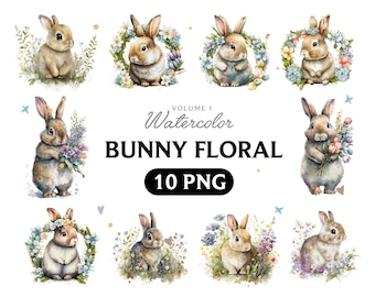 Watercolor Easter Bunny Clipart: Floral Spring Rabbit PNG (Digital Download)