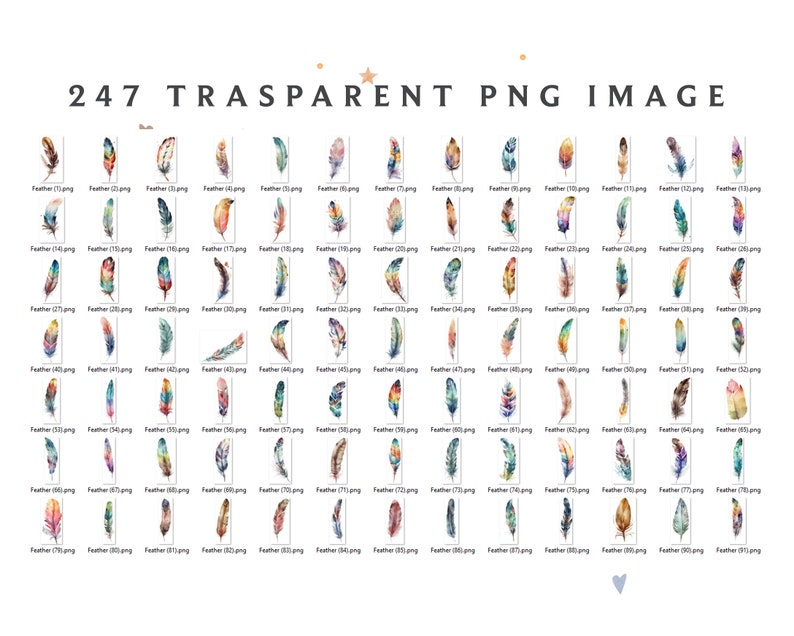May include: 247 watercolor feather illustrations in PNG format. The feathers are in various colors, including blue, green, yellow, orange, red, and purple. The feathers are arranged in rows and columns.