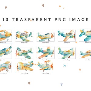 May include: Thirteen watercolor illustrations of blue and yellow airplanes with white accents. The airplanes are in various positions and have different details, such as propellers, windows, and wheels.