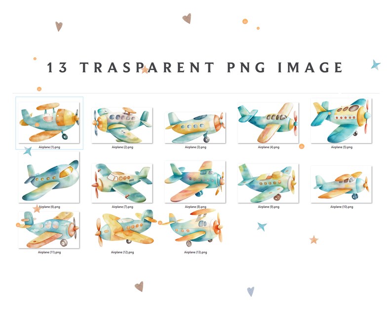 May include: Thirteen watercolor illustrations of blue and yellow airplanes with white accents. The airplanes are in various positions and have different details, such as propellers, windows, and wheels.