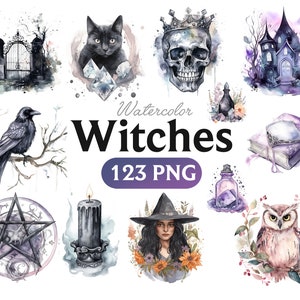 Watercolor Gothic Witch Clipart Bundle, Transparent witch vintage style, Watercolor Gothic Witch PNG, Commercial Use, Gothic Witch Clipart