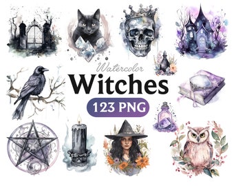 Watercolor Gothic Witch Clipart Bundle: Vintage Style PNG (Commercial Use)