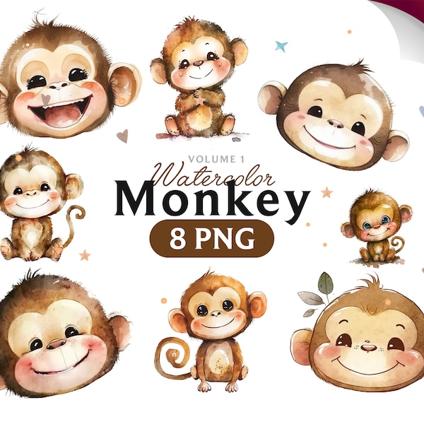 Monkey clipart, Cute Monkey Png, Watercolor Monkey, Monkey PNG, Monkey clipart, Monkey art, Monkey, digital, animal, Volume 1