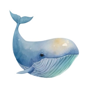 Pode incluir: Uma pintura de aquarela de uma baleia azul com uma cauda azul claro e uma barriga azul claro e verde. A baleia est&aacute; nadando para a direita e tem um olho azul claro.