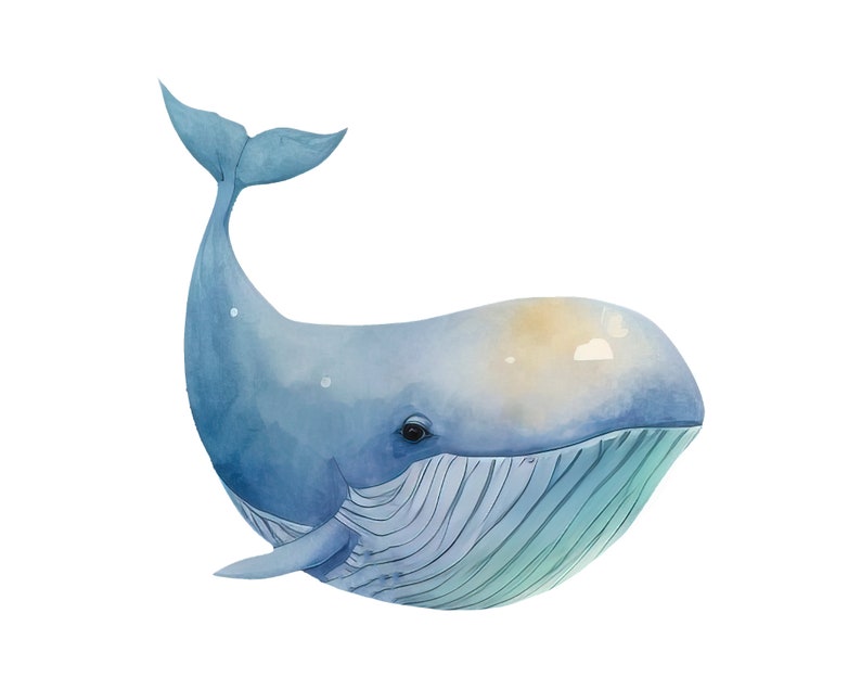 Pode incluir: Uma pintura de aquarela de uma baleia azul com uma cauda azul claro e uma barriga azul claro e verde. A baleia est&aacute; nadando para a direita e tem um olho azul claro.