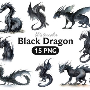Dragón Negro Acuarela, Imágenes Prediseñadas de Dragón Negro, PNG, Uso Comercial Completo, Imágenes Prediseñadas de Fantasía, Imágenes Prediseñadas de Dragón Acuarela