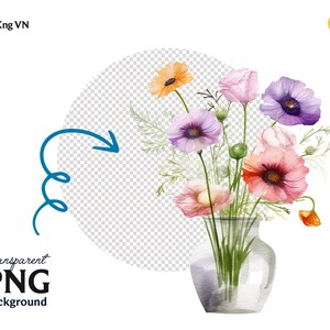 May include: A watercolour illustration of a floral bouquet in a clear glass vase. The flowers are a mix of orange, pink, and purple poppies, with green foliage. The image includes the text "Transparent PNG Background".