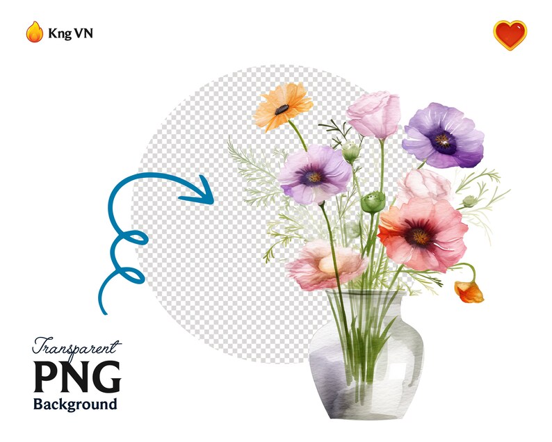 May include: A watercolour illustration of a floral bouquet in a clear glass vase. The flowers are a mix of orange, pink, and purple poppies, with green foliage. The image includes the text "Transparent PNG Background".