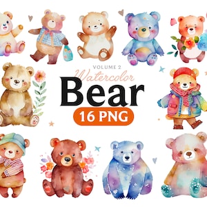 Bear Cute Watercolor Clipart, Cute Baby Shower Graphics, Nursery Decor Wall Art, Animal
