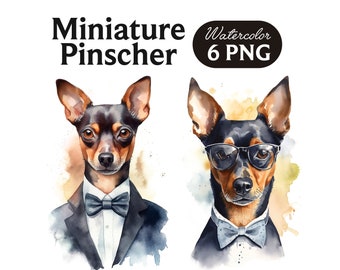 Miniature Pinscher Clipart, Cute Dog Clipart, Dog PNG, Watercolor Miniature Pinscher PNG, Dog Portrait, Cool Dog