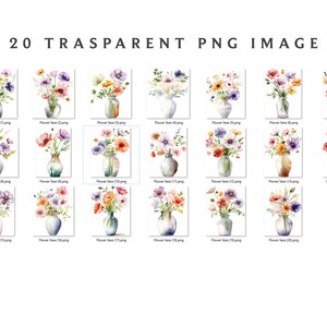 May include: A set of 20 transparent PNG images showcasing watercolour illustrations of flowers in vases. The vases vary in shape and colour, and the flowers include diverse blooms in shades of orange, purple, and pink. The text "20 TRASPARENT PNG IMAGE" is at the top.