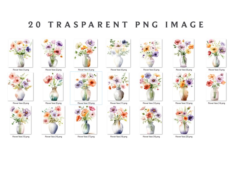 May include: A set of 20 transparent PNG images showcasing watercolour illustrations of flowers in vases. The vases vary in shape and colour, and the flowers include diverse blooms in shades of orange, purple, and pink. The text "20 TRASPARENT PNG IMAGE" is at the top.