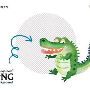 May include: A cartoon illustration of a green crocodile with a wide open mouth, showing its teeth. The crocodile has a light green belly and a blue tail. The crocodile is smiling and has a happy expression.