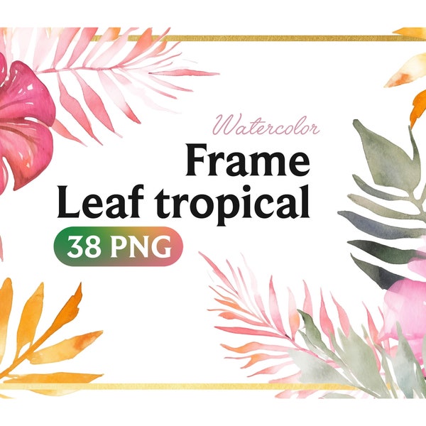 Tropical pink and gold leaf frame on white background