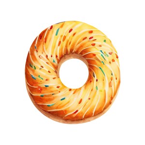 May include: A yellow cake donut with white icing and colorful sprinkles.