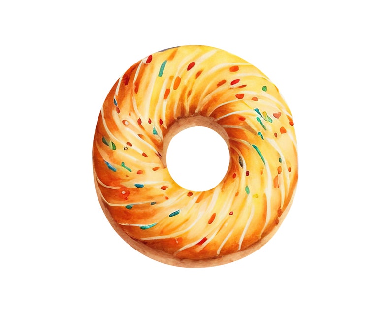 May include: A yellow cake donut with white icing and colorful sprinkles.