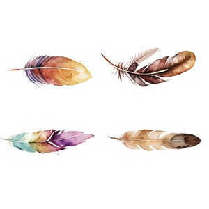 May include: Four watercolor painted feathers in various colors, including brown, orange, yellow, purple, and green. The feathers are isolated on a white background.