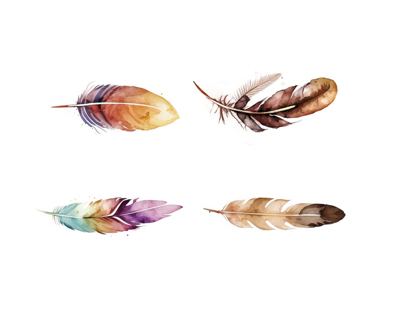 May include: Four watercolor painted feathers in various colors, including brown, orange, yellow, purple, and green. The feathers are isolated on a white background.