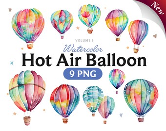 Watercolor Hot Air Balloons Clipart: 9 PNG Graphics (Digital Download)