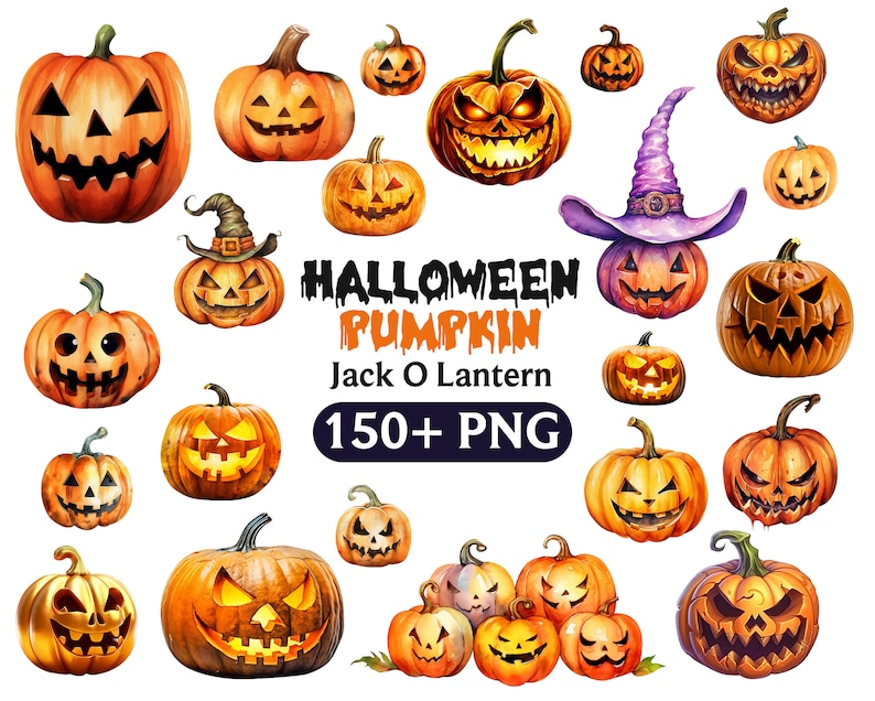 Pu&ograve; includere: Una collezione di oltre 150 illustrazioni di zucche di Halloween Jack-O-Lantern in formato PNG. Le illustrazioni presentano vari design di zucche intagliate con diverse espressioni facciali e dettagli, tra cui una zucca con un cappello da strega.